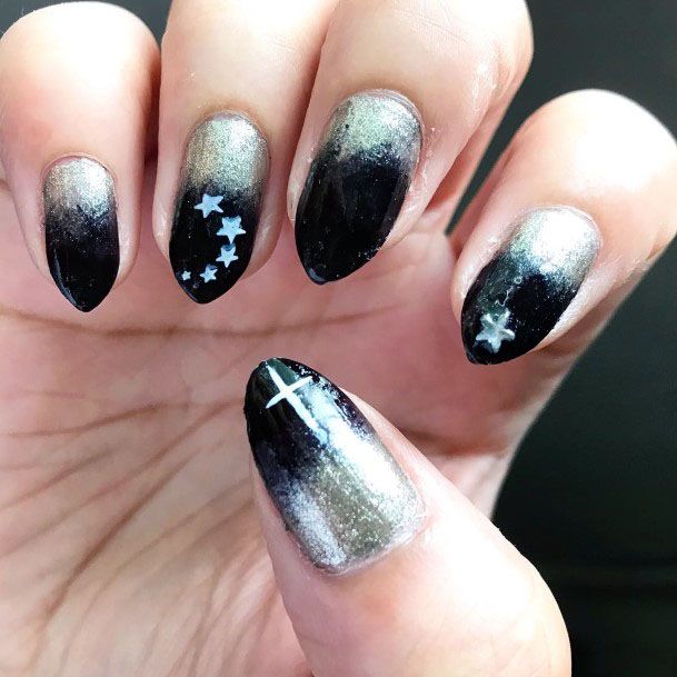 Stars And Cross Black And Silver Nail Ideas For Women