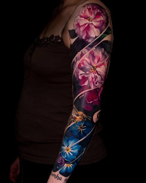 Stellar Body Art Tattoo For Girls Flower Sleeve