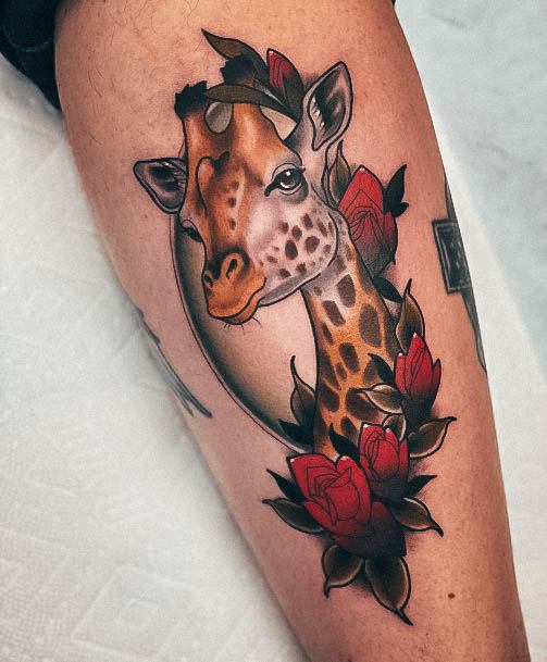 Stellar Body Art Tattoo For Girls Giraffe Red Flowers