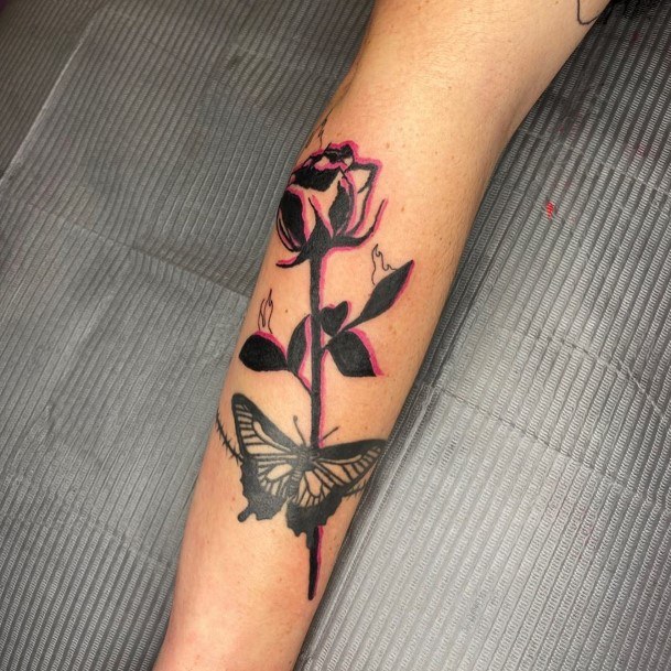 Stemmed Rose And Butterfly Tattoo Womens Forearms