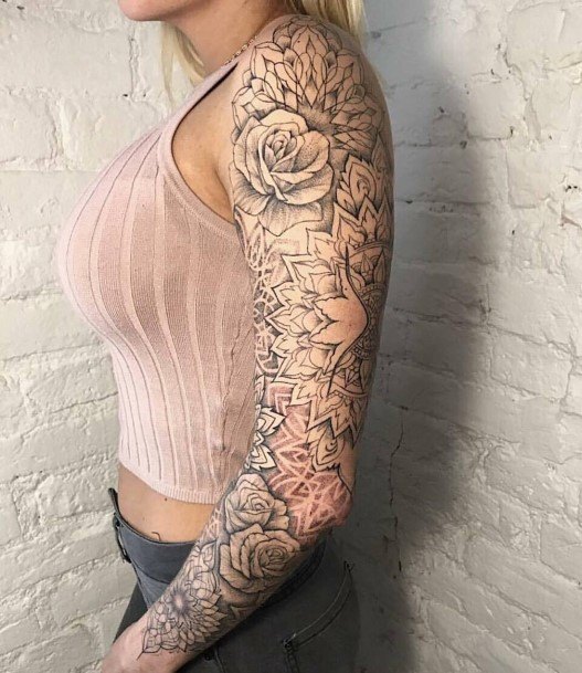 Stencilled Roses And Wonderful Tattoo Womens Sleeves