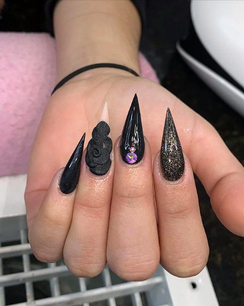 Stiletto Black 3d Flower Nails Women