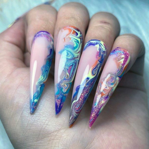 Stiletto Colorful Purple Themed Nail Ideas For Women