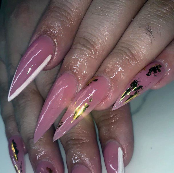 Stiletto Long Transparent Pink Nails With Golden Design Women