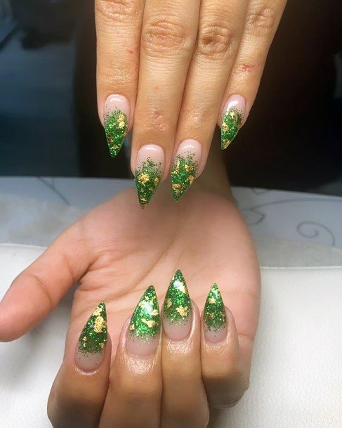 Stiletto Nails For Women With Green And Gold Tip