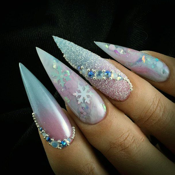 Stiletto Sugar Nails With Snow Flakes And Stones Women