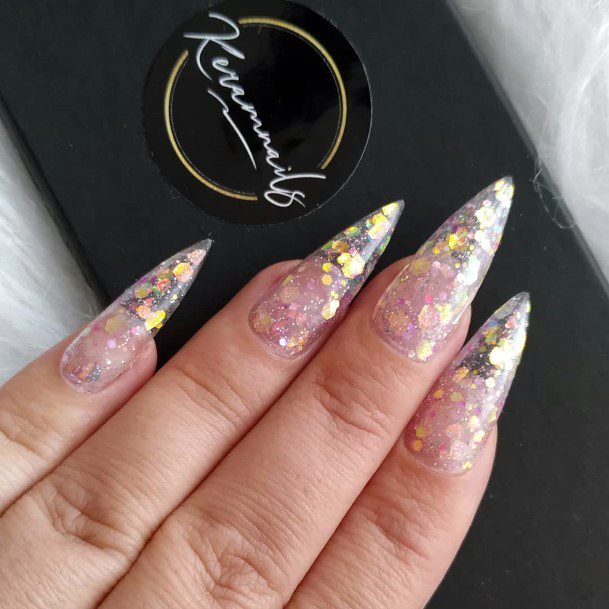 Stiletto Transparent Nails With Golden Sparkles For Women