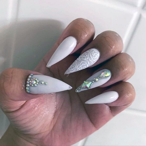 Stiletto White Nails With Diamonds Women