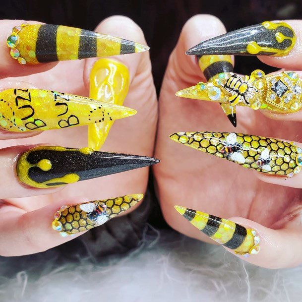 Stiletto Yellow Black Nails Bee Art For Women