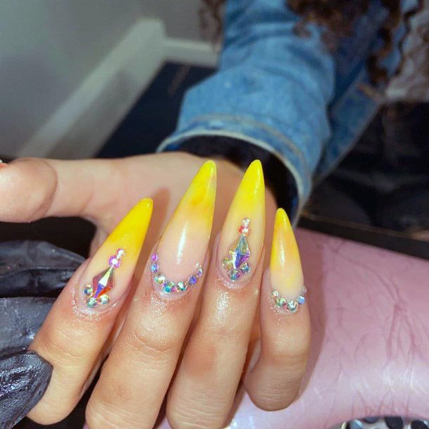 Stiletto Yellow Ombre Nails With Diamonds Women