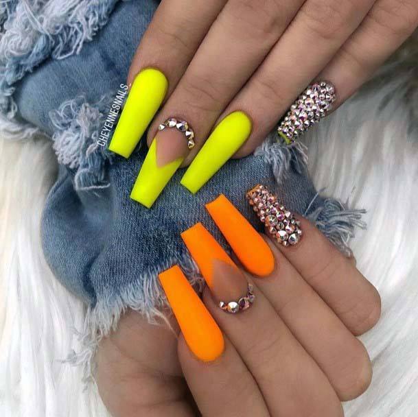 Stones And Bright Orange Yellow Nails For Women