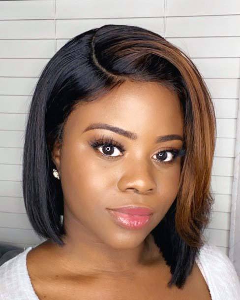 Straight And Silky Black Bob With Caramel Highlight Womens Hairstyle