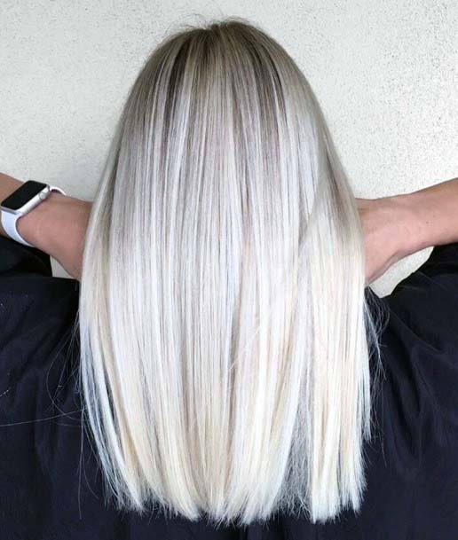 Straight And Sleek Dark Rooted White Platinum Blonde Womens Hairstyle