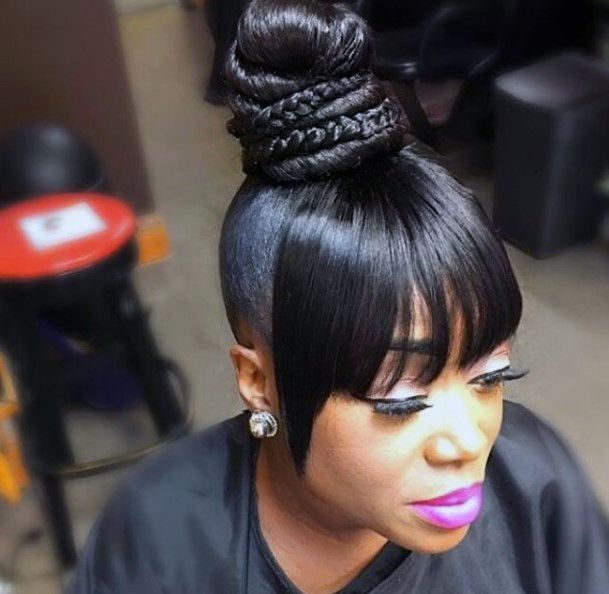 Straight Fringe Updo Hairstyles For Black Women Braid Bun Wrap
