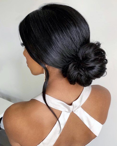 Straight Smooth Black Hair Into Low Ponytail Bun Wedding Ideas Womens Hair