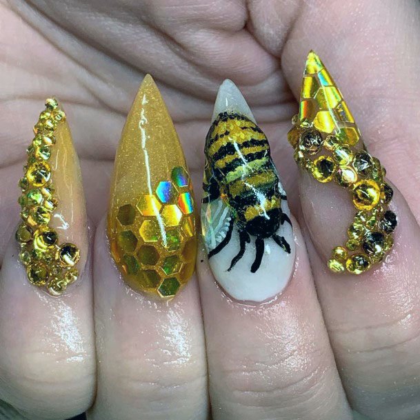 Striking Golden Honey Bee Nails With Crystals Women