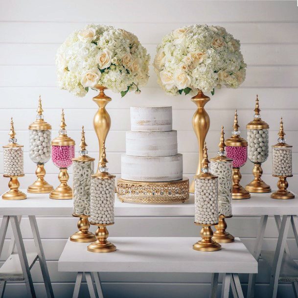 Striking Gorgeous Lush White Flower Bouquet Sleek Gold Stand Desert Table Inspiration Wedding Ideas