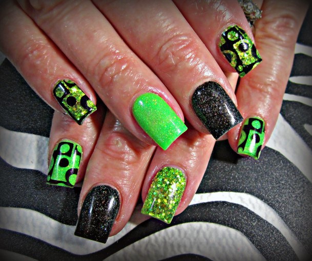 Striking Neon Green Nails With Glitters