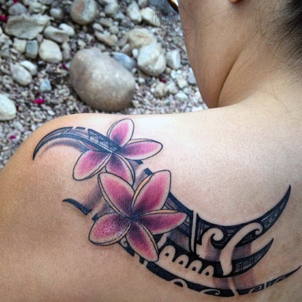 Striking Pink Flowers On Black Tribal Tattoo Womens Shoulder