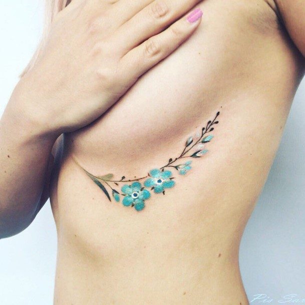 String Of Blue Flowers Womens Torso Tattoo