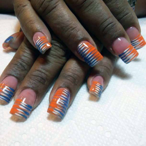 Striped Metallic Design Blue Orange Nail Art For Women