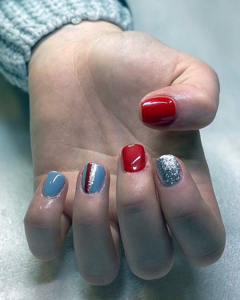 Striped Shiny Red Blue Squoval Nails