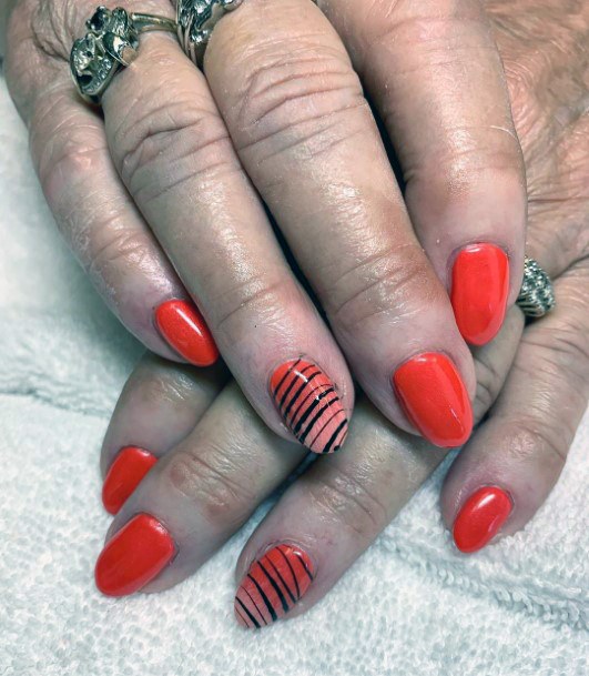 Striped Zebra Art On Red Orange Nails For Women