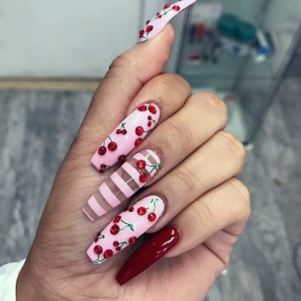 Stripes And Cherry On Nails Pink For Women