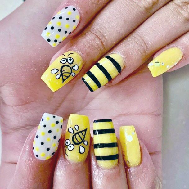 Stripes And Dots Yellow Nails With Bee For Women