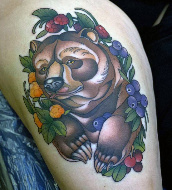 Strong Brown Bear And Florals Tattoo For Women