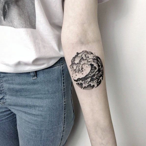 Strong Grey Curved Waves Tattoo Women Inner Elbow