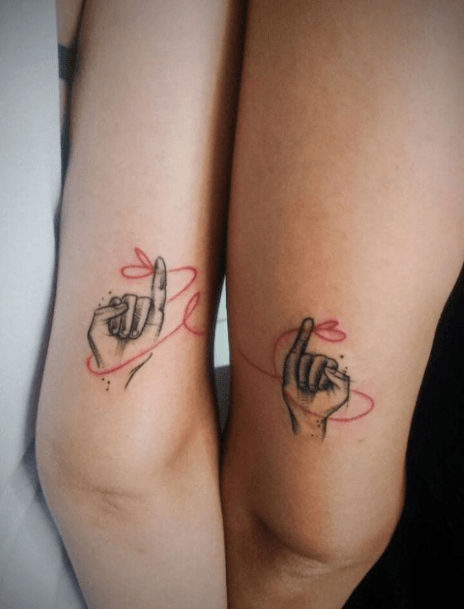 Stuck Together With Thread Tattoo For Couples Arms