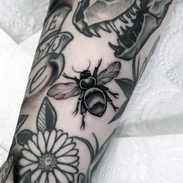 Stunning Black Bee And Flowers Tattoo For Women