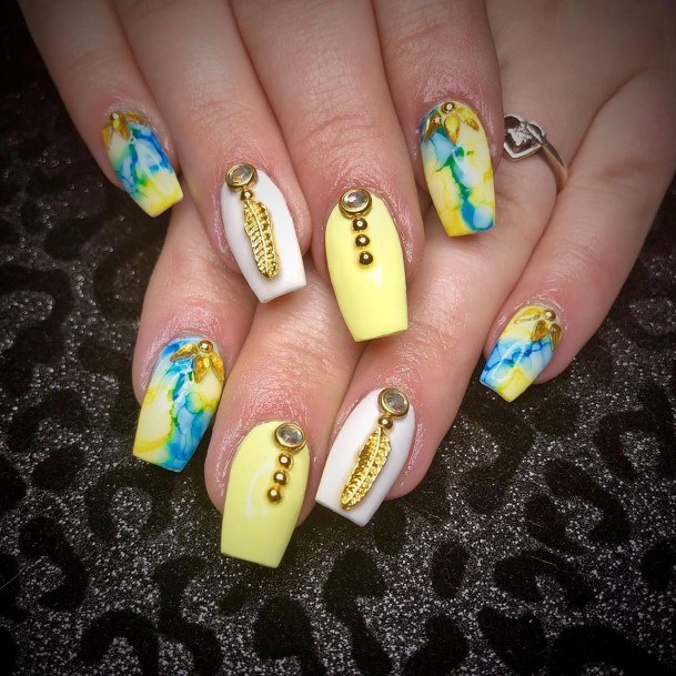 Stunning Blue And Yellow Nail On Lady