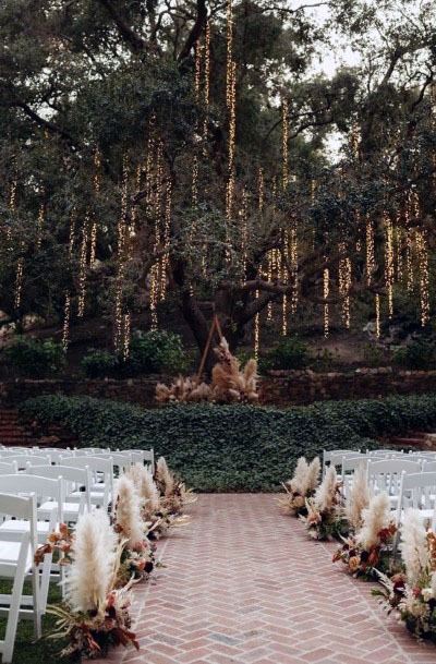 Stunning Brick Aisle Bright White Seating Outdoor Wedding Forest Greenery Ideas