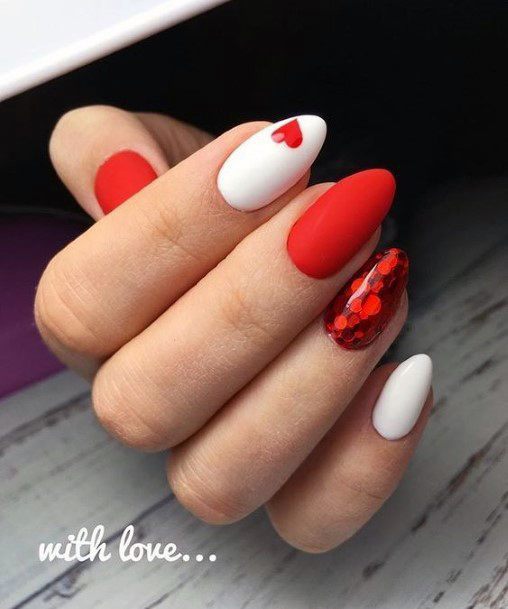 Stunning Bright Red Nails With White Polish For Women