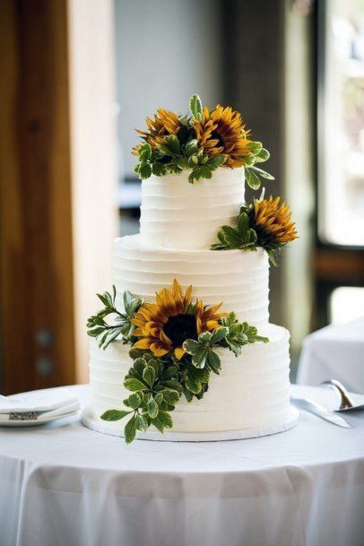 Stunning Bright White Three Layer Stunning Sunflower Greenery Wedding Cake Inspiration