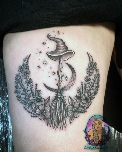 Stunning Broomstick Tattoo On Lady