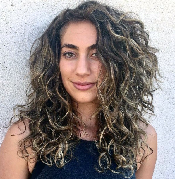 Stunning Brown And Blonde Highlighted Tight Bouncy Curls Women’s Hairstyle