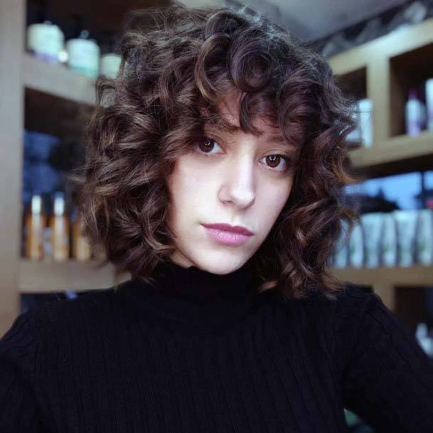 Stunning Brunette Woman With Chunky Curls Sexy Mid Length Bob Hairstyle