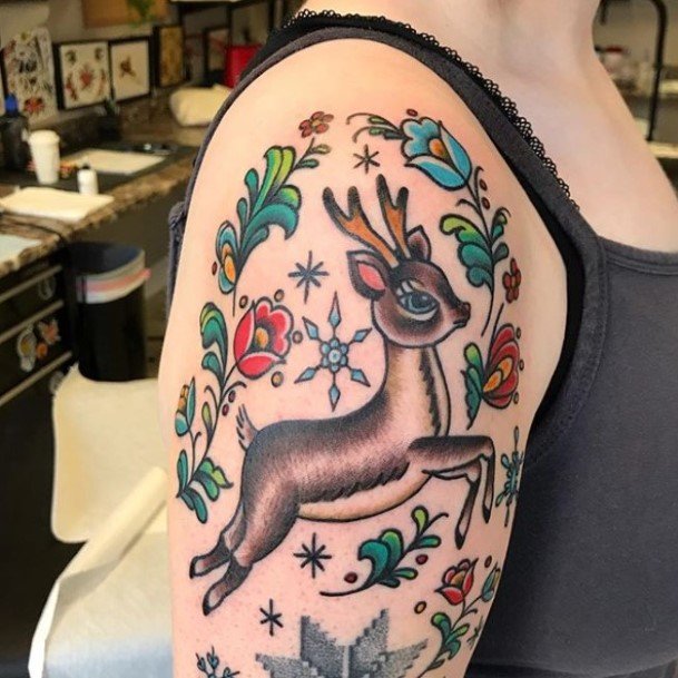 Stunning Caribou Reindeer Tattoo On Lady