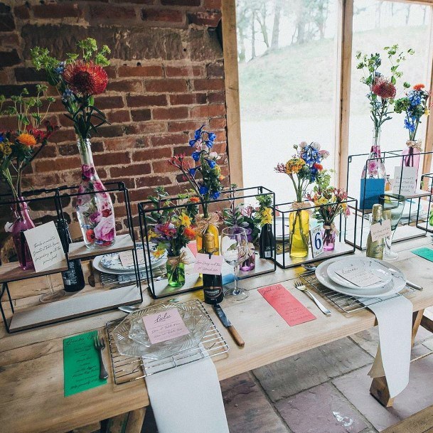 Stunning Colorful Flower Bouquets Cool Wine Vase Table Inspiration Rustic Brick Wall Barn Ideas