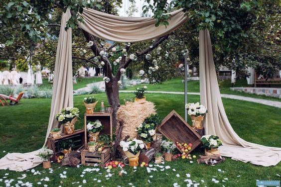 Stunning Country Wedding Tan Valance Drape Lush White Blooms Cute Wooden Crates Backdrop Ideas