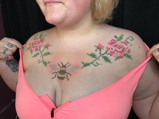 Stunning Cross Stitch Tattoo On Lady