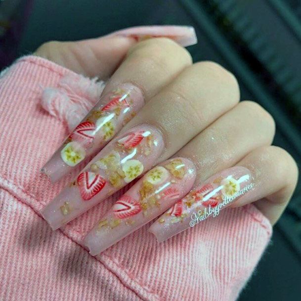 Stunning Delicious Strawberry And Banana Long Squared Nail Design For Women