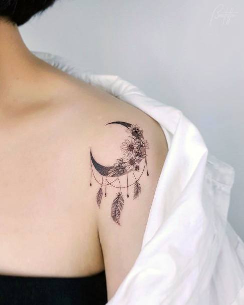 Stunning Flower Moon Tattoo On Lady