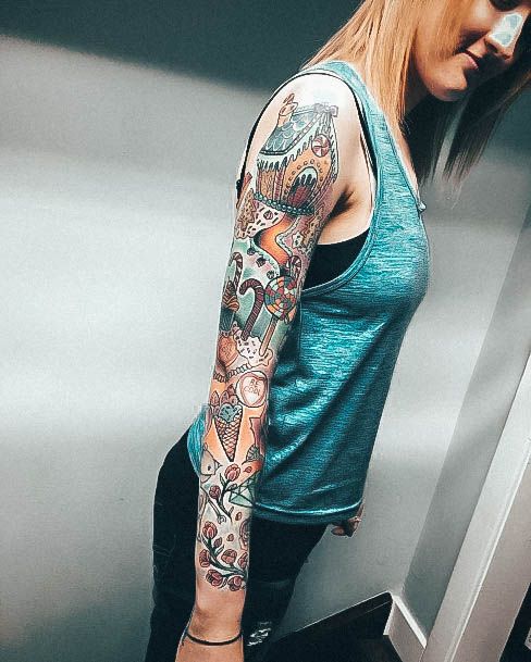 Stunning Gingerbread House Tattoo On Lady Full Arm Sleeve