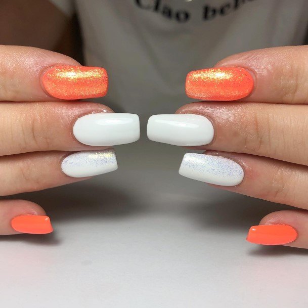Stunning Girls Orange And White Nails