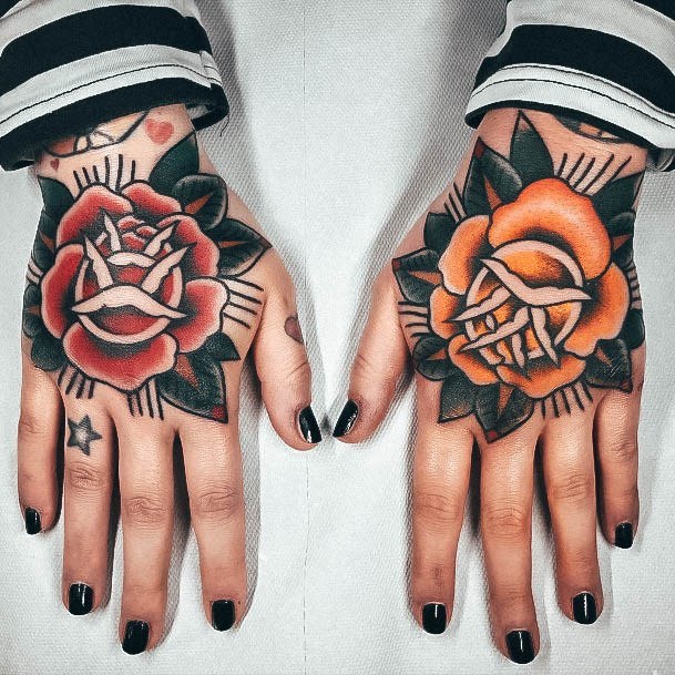 Stunning Girls Rose Hand Tattoos