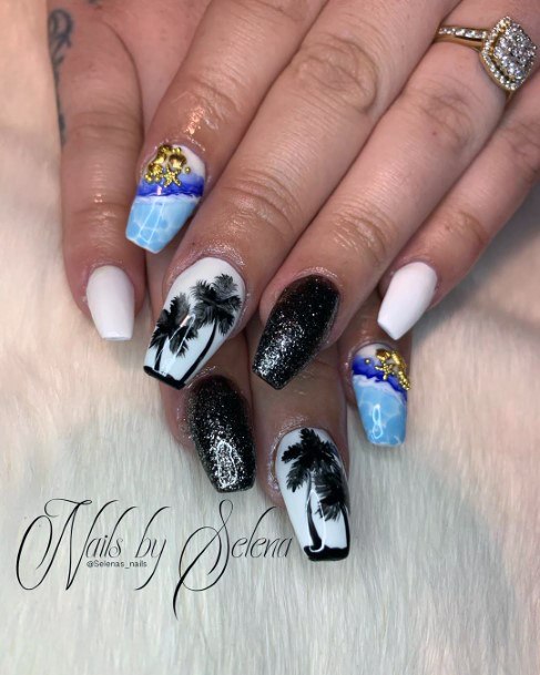 Stunning Glitter Black Sleek White Blue Palm Tree Nails For Women